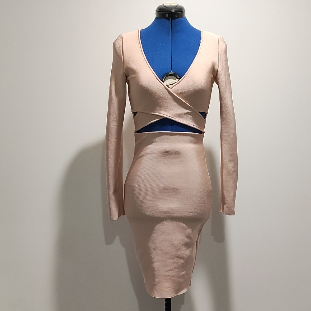 Chic Nude Long Sleeve Cutout Dress